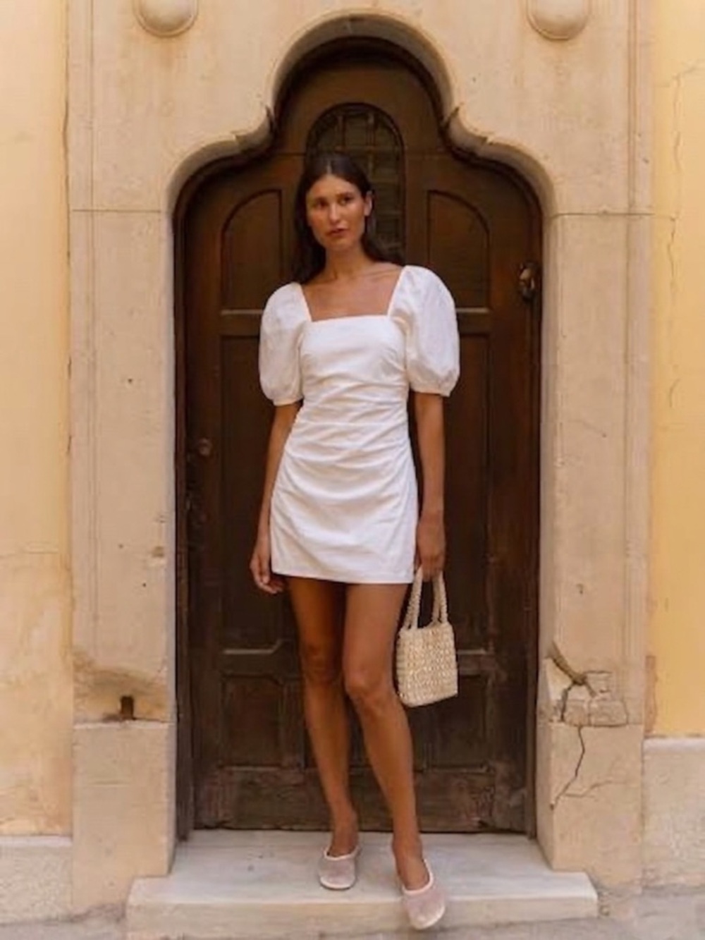 ASTR the Label Winslow Puff Sleeve Ruched Smocked Mini Dress White Small Spring
